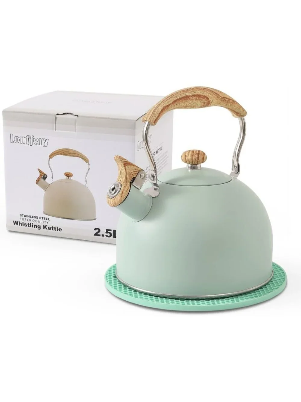 Green Kitchen Whistling Tea Kettle 2.5 QT Stainless Steel Wood Folding Handle